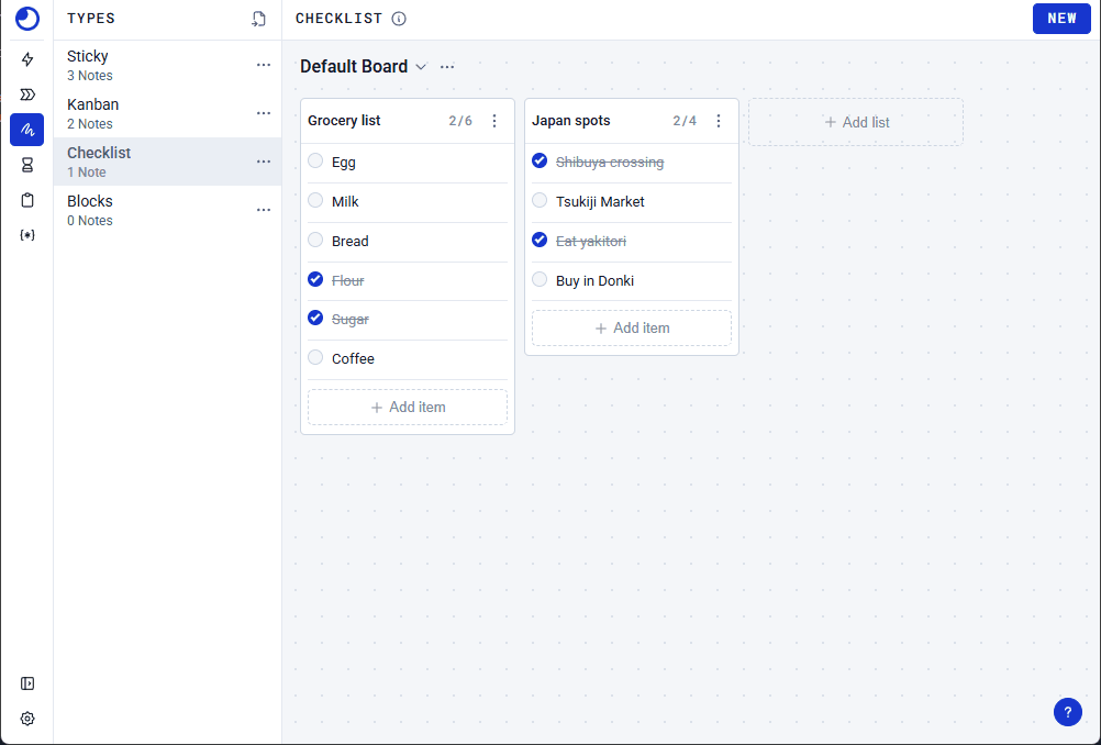 Checklist overview in JAST