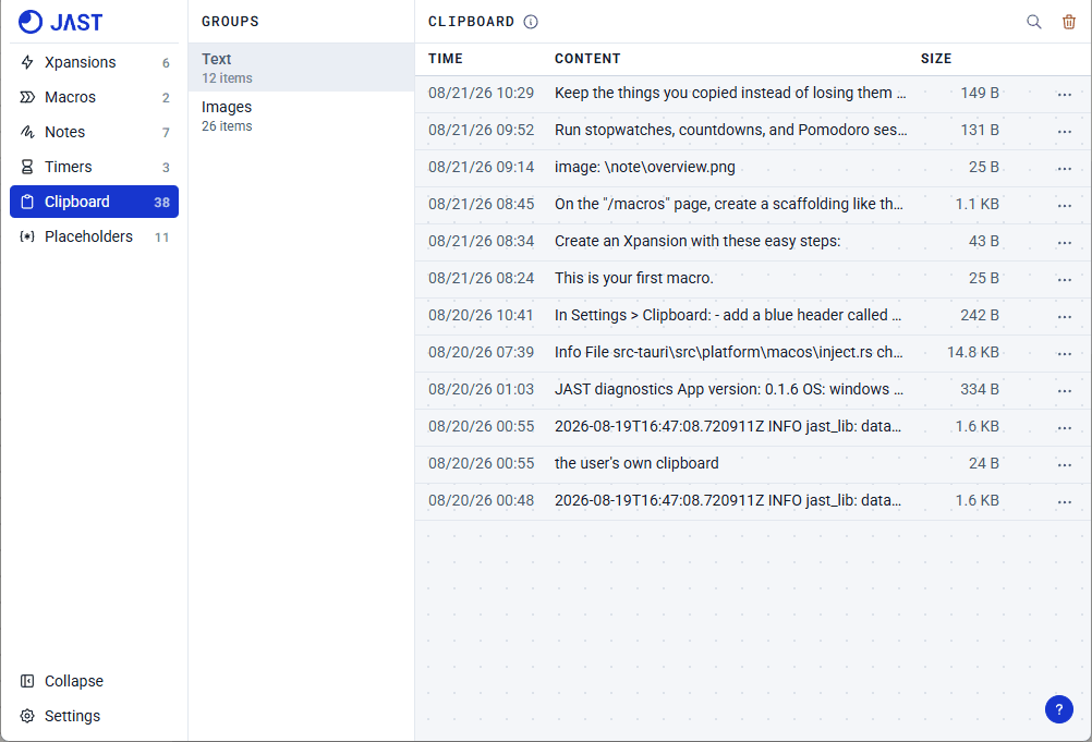 Clipboard text history in JAST