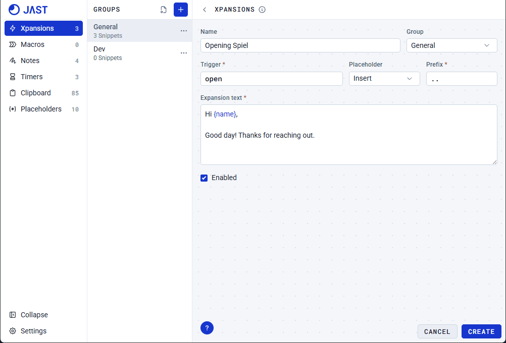 Adding a Placeholder inside an Xpansion
