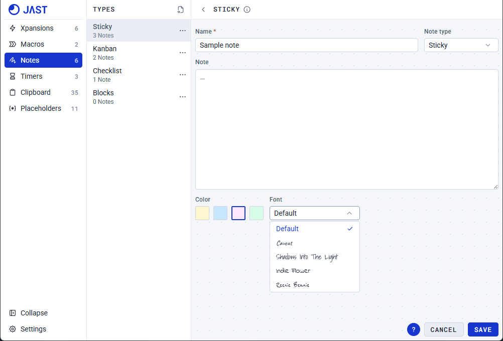 Creating a Sticky note in JAST
