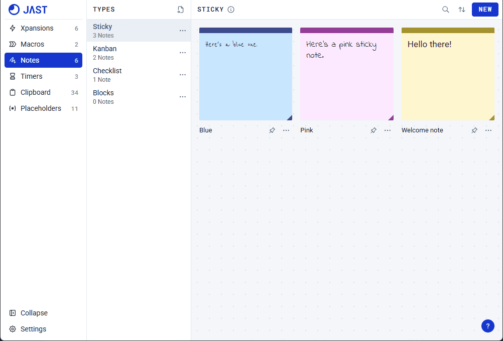 Sticky notes overview in JAST