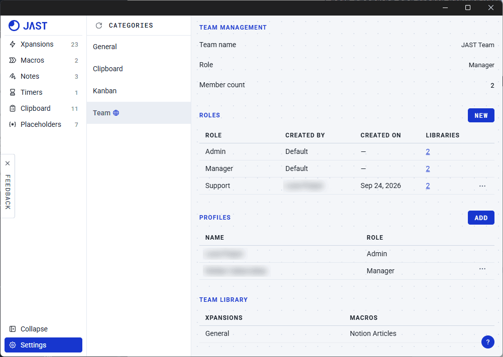 Team settings in JAST with roles, profiles, and the team library