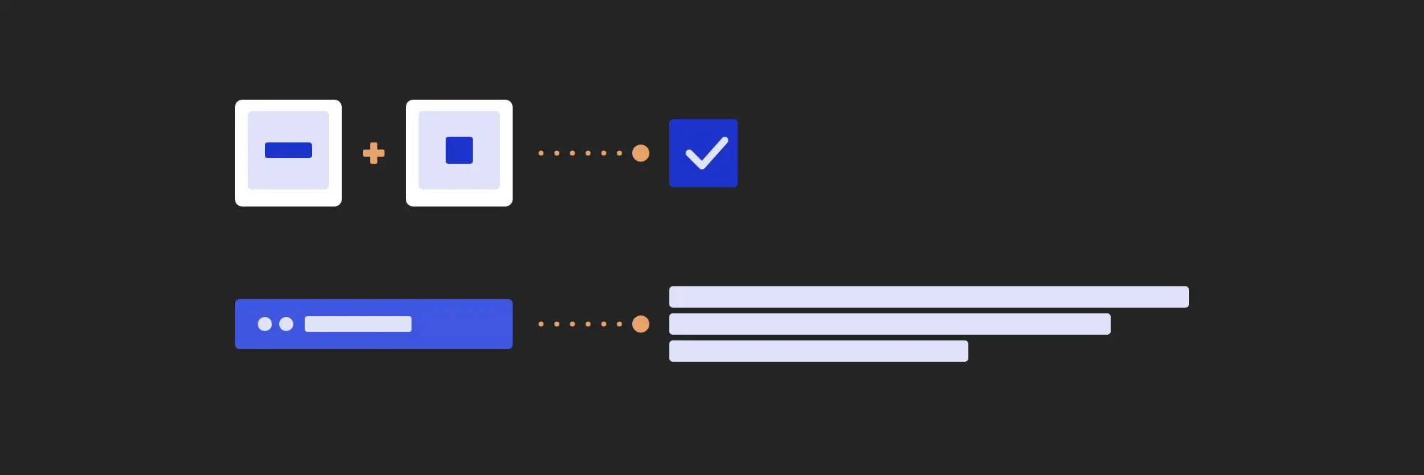 Two keys pressed together running a command, above a short trigger expanding into lines of text