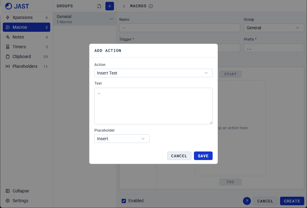 Text action in JAST