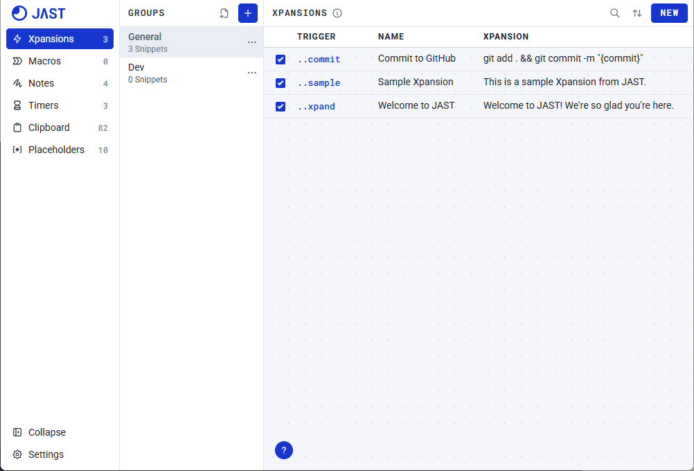 Xpansions list in JAST